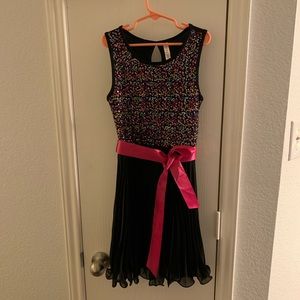 Sequin Top Black Dress with Pink Bow